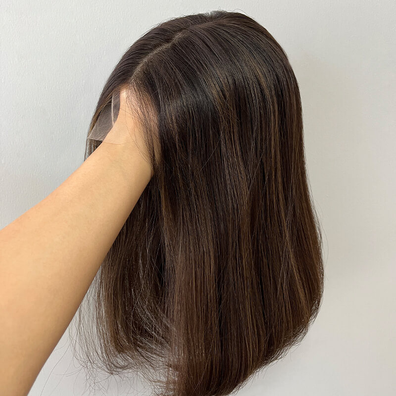 14 Inches Pecan Color Slight Layer Lace Top Wigs