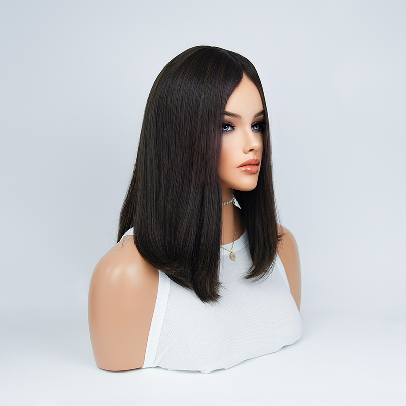18 Inches Ebony Color Slight Layer Silk Top Wig